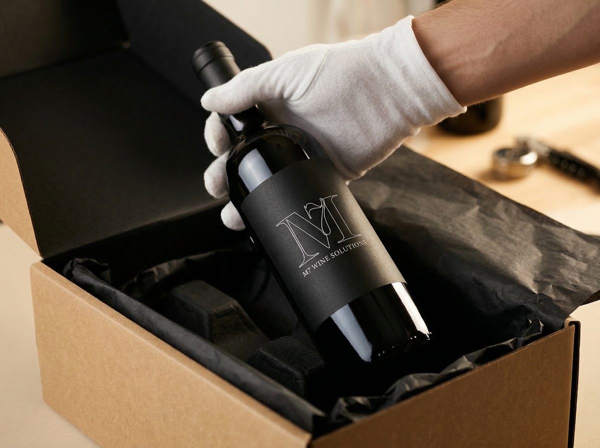 Wine bottle with M7 branded label in a custom shipping box